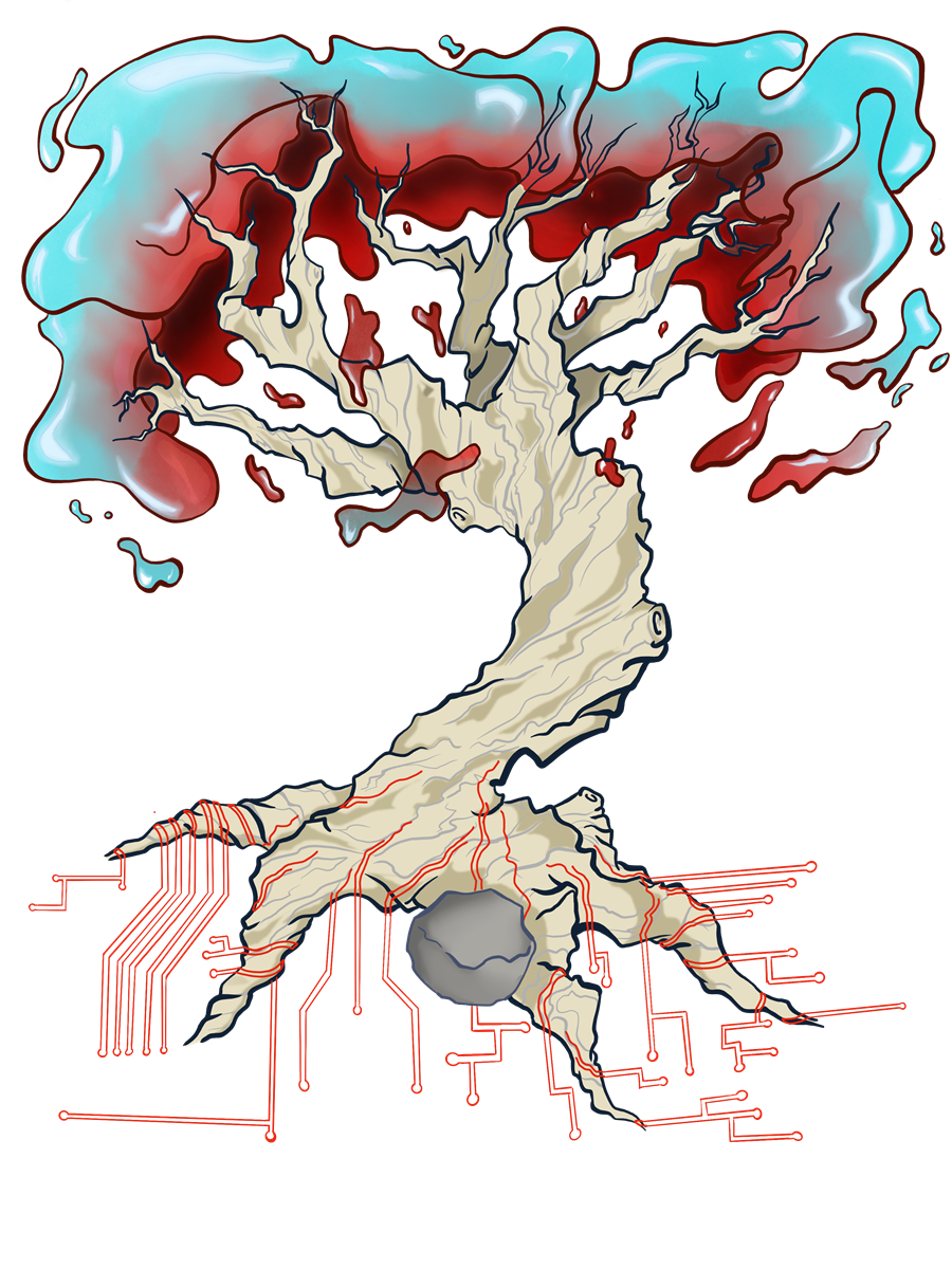 Spellforge Lab logo: a cream-coloured tree with cyan and red foliage, its roots becoming electronic circuits.